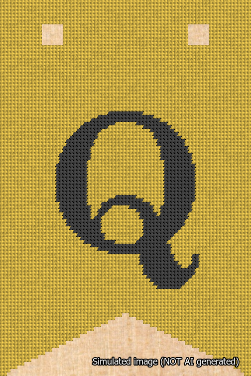 A simulated image of the stitched needlepoint design: Banner 18m Forked Q Black on Yellow. Not A.I. generated.