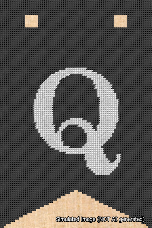 A simulated image of the stitched needlepoint design: Banner 18m Forked Q White on Black. Not A.I. generated.