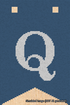 A simulated image of the stitched needlepoint design: Banner 18m Forked Q White on Blue. Not A.I. generated.