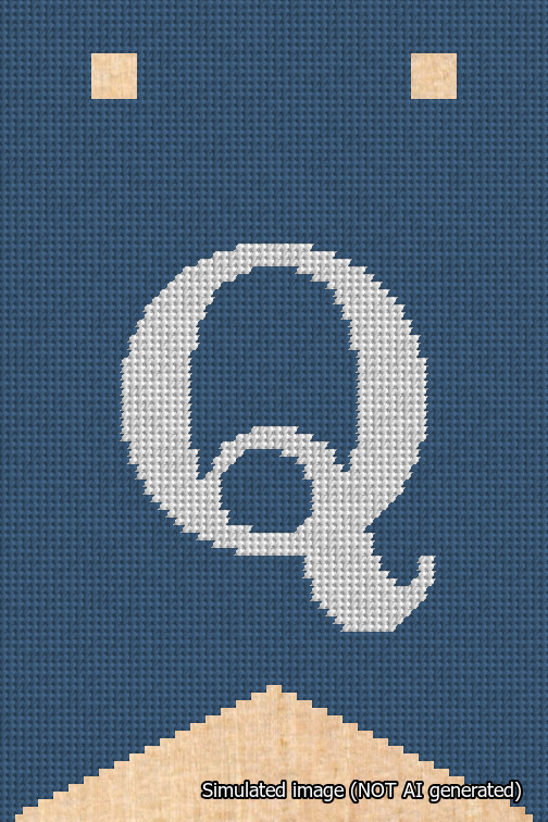 A simulated image of the stitched needlepoint design: Banner 18m Forked Q White on Blue. Not A.I. generated.
