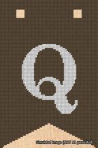 A simulated image of the stitched needlepoint design: Banner 18m Forked Q White on Brown. Not A.I. generated.