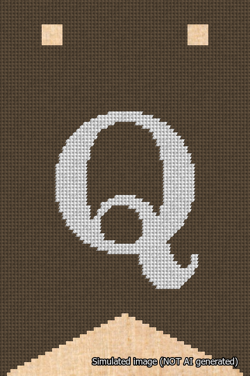 A simulated image of the stitched needlepoint design: Banner 18m Forked Q White on Brown. Not A.I. generated.