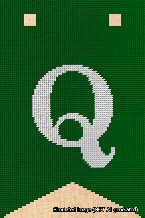 A simulated image of the stitched needlepoint design: Banner 18m Forked Q White on Green. Not A.I. generated.
