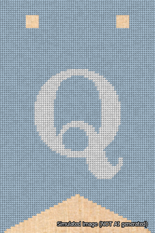 A simulated image of the stitched needlepoint design: Banner 18m Forked Q White on Light Blue. Not A.I. generated.