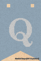 A simulated image of the stitched needlepoint design: Banner 18m Forked Q White on Light Blue. Not A.I. generated.