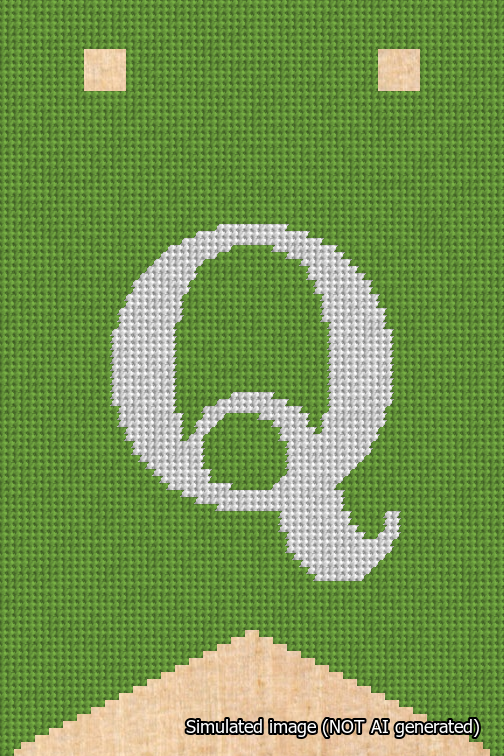 A simulated image of the stitched needlepoint design: Banner 18m Forked Q White on Light Green. Not A.I. generated.