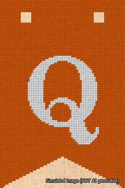 A simulated image of the stitched needlepoint design: Banner 18m Forked Q White on Orange. Not A.I. generated.