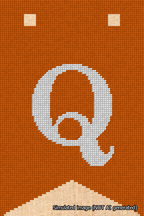 A simulated image of the stitched needlepoint design: Banner 18m Forked Q White on Orange. Not A.I. generated.