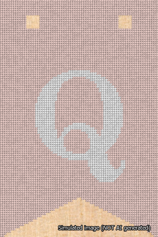 A simulated image of the stitched needlepoint design: Banner 18m Forked Q White on Pink. Not A.I. generated.