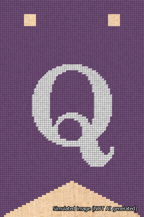 A simulated image of the stitched needlepoint design: Banner 18m Forked Q White on Purple. Not A.I. generated.