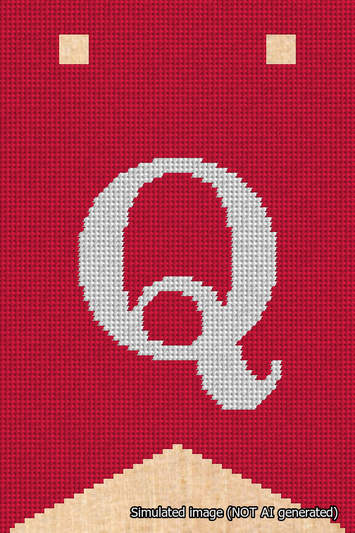 A simulated image of the stitched needlepoint design: Banner 18m Forked Q White on Red. Not A.I. generated.