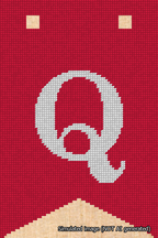 A simulated image of the stitched needlepoint design: Banner 18m Forked Q White on Red. Not A.I. generated.