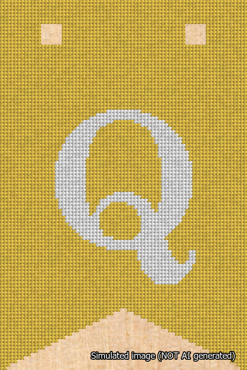 A simulated image of the stitched needlepoint design: Banner 18m Forked Q White on Yellow. Not A.I. generated.