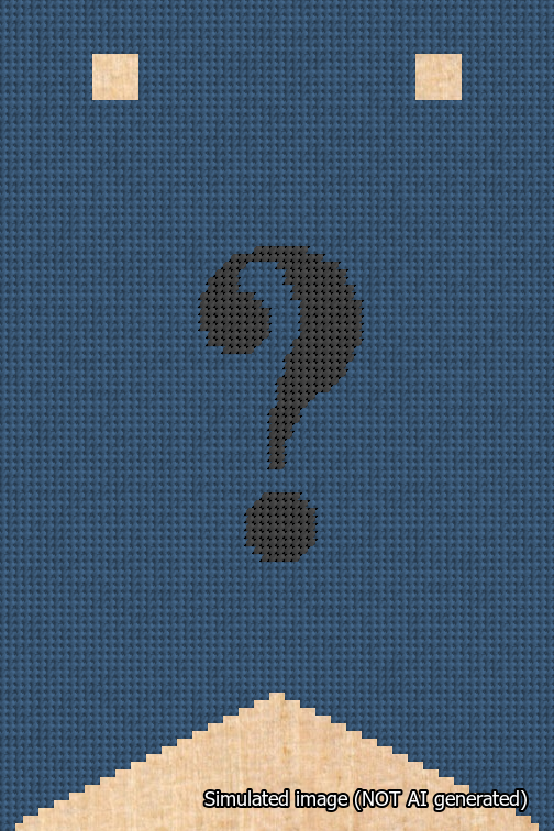 A simulated image of the stitched needlepoint design: Banner 18m Forked Question Black on Blue. Not A.I. generated.