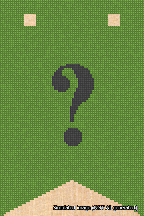A simulated image of the stitched needlepoint design: Banner 18m Forked Question Black on Light Green. Not A.I. generated.