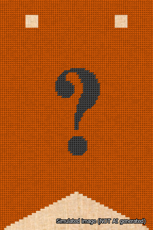 A simulated image of the stitched needlepoint design: Banner 18m Forked Question Black on Orange. Not A.I. generated.