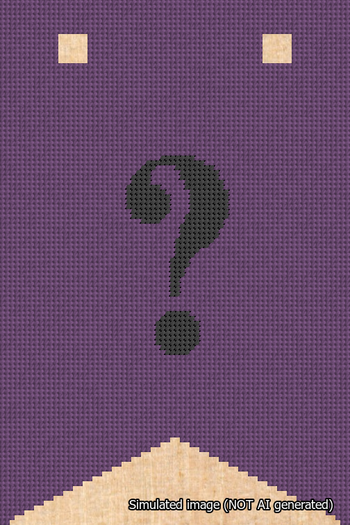 A simulated image of the stitched needlepoint design: Banner 18m Forked Question Black on Purple. Not A.I. generated.