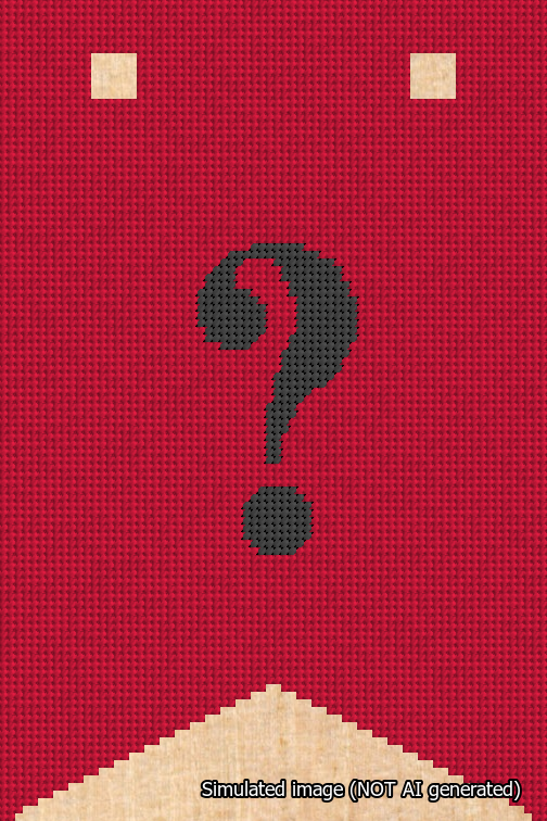 A simulated image of the stitched needlepoint design: Banner 18m Forked Question Black on Red. Not A.I. generated.