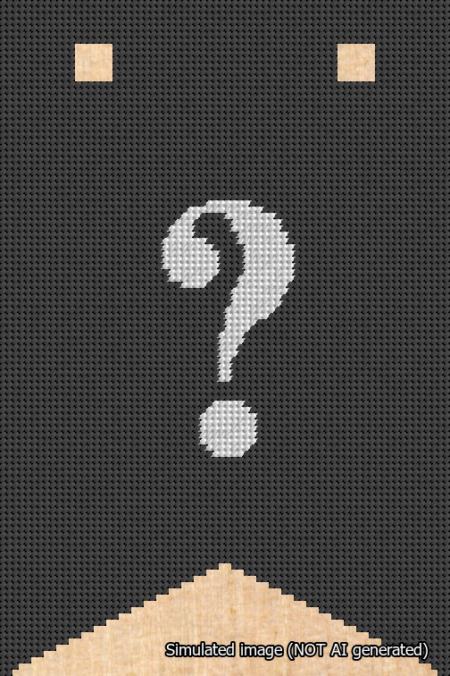 A simulated image of the stitched needlepoint design: Banner 18m Forked Question White on Black. Not A.I. generated.