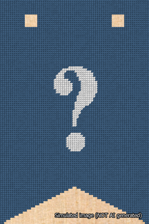 A simulated image of the stitched needlepoint design: Banner 18m Forked Question White on Blue. Not A.I. generated.