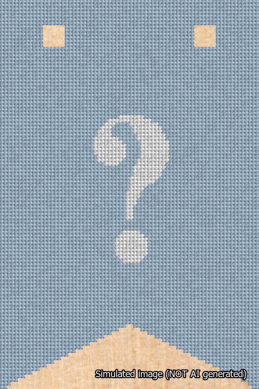 A simulated image of the stitched needlepoint design: Banner 18m Forked Question White on Light Blue. Not A.I. generated.