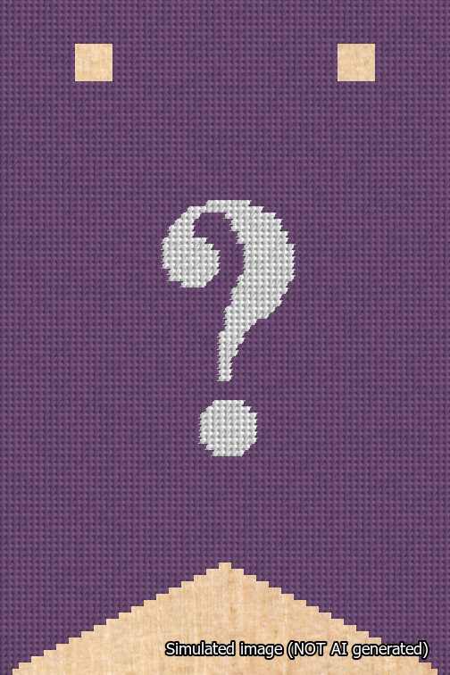 A simulated image of the stitched needlepoint design: Banner 18m Forked Question White on Purple. Not A.I. generated.