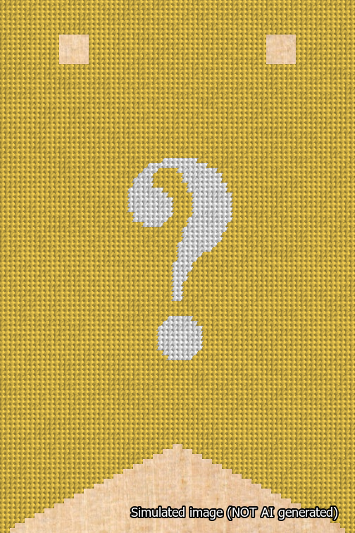 A simulated image of the stitched needlepoint design: Banner 18m Forked Question White on Yellow. Not A.I. generated.