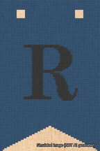 A simulated image of the stitched needlepoint design: Banner 18m Forked R Black on Blue. Not A.I. generated.