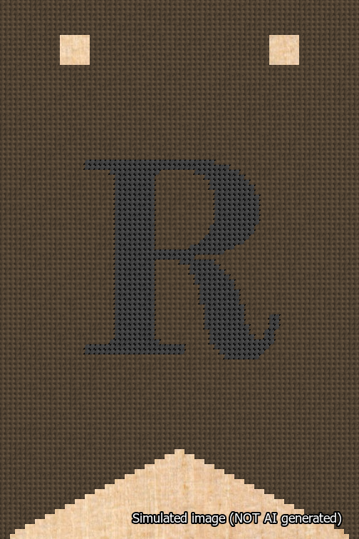 A simulated image of the stitched needlepoint design: Banner 18m Forked R Black on Brown. Not A.I. generated.