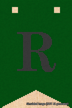 A simulated image of the stitched needlepoint design: Banner 18m Forked R Black on Green. Not A.I. generated.
