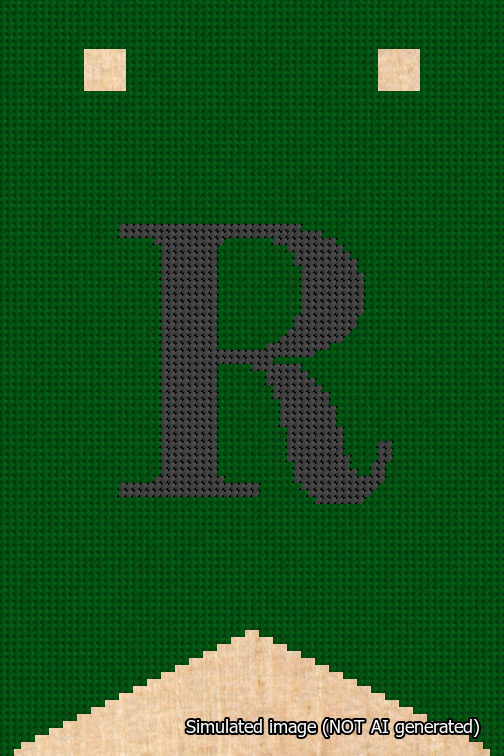 A simulated image of the stitched needlepoint design: Banner 18m Forked R Black on Green. Not A.I. generated.