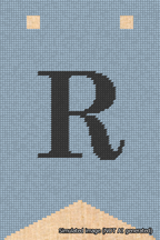 A simulated image of the stitched needlepoint design: Banner 18m Forked R Black on Light Blue. Not A.I. generated.
