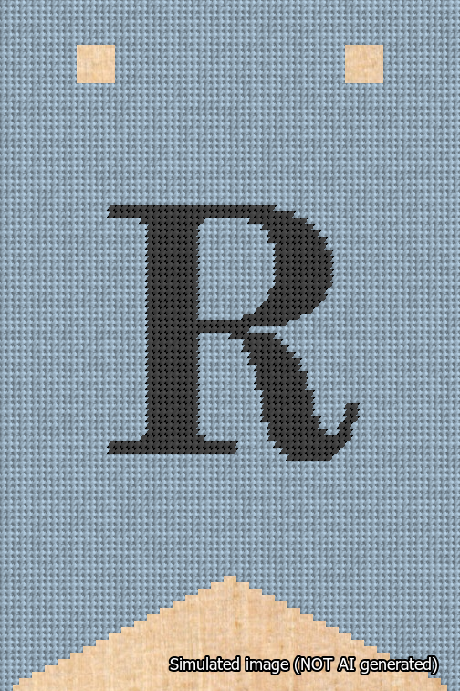 A simulated image of the stitched needlepoint design: Banner 18m Forked R Black on Light Blue. Not A.I. generated.