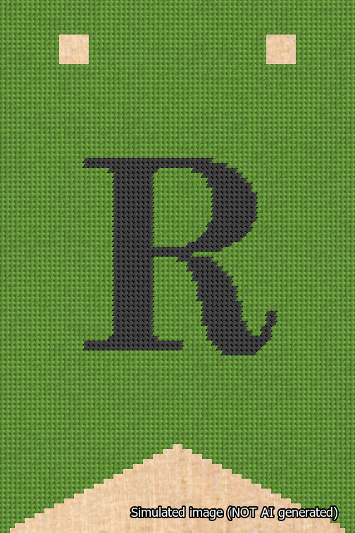 A simulated image of the stitched needlepoint design: Banner 18m Forked R Black on Light Green. Not A.I. generated.