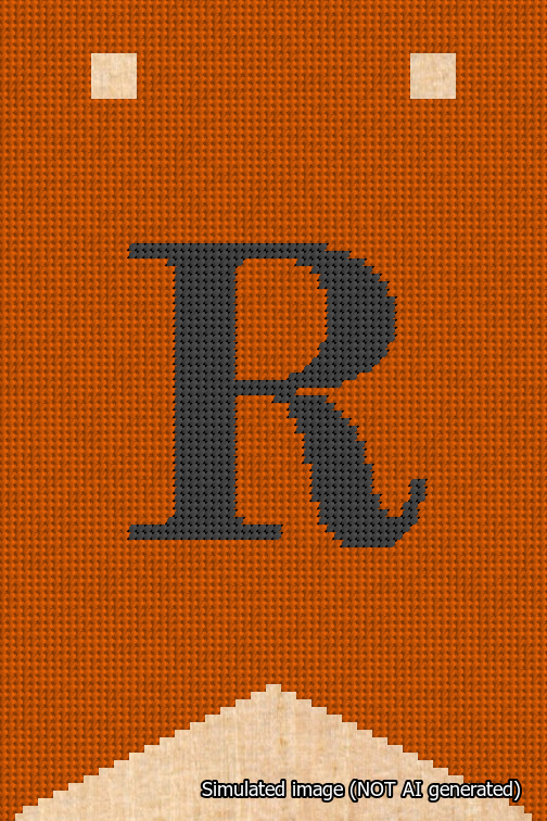 A simulated image of the stitched needlepoint design: Banner 18m Forked R Black on Orange. Not A.I. generated.