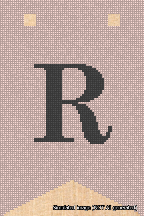 A simulated image of the stitched needlepoint design: Banner 18m Forked R Black on Pink. Not A.I. generated.