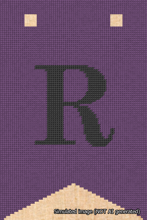 A simulated image of the stitched needlepoint design: Banner 18m Forked R Black on Purple. Not A.I. generated.
