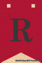 A simulated image of the stitched needlepoint design: Banner 18m Forked R Black on Red. Not A.I. generated.