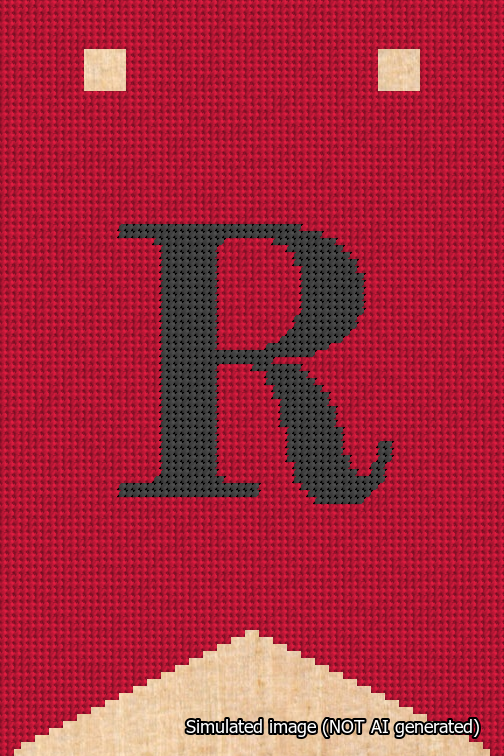 A simulated image of the stitched needlepoint design: Banner 18m Forked R Black on Red. Not A.I. generated.