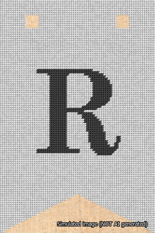 A simulated image of the stitched needlepoint design: Banner 18m Forked R Black on White. Not A.I. generated.