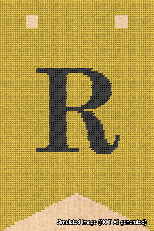 A simulated image of the stitched needlepoint design: Banner 18m Forked R Black on Yellow. Not A.I. generated.