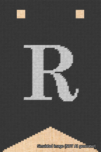 A simulated image of the stitched needlepoint design: Banner 18m Forked R White on Black. Not A.I. generated.