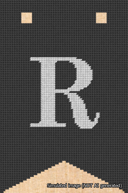 A simulated image of the stitched needlepoint design: Banner 18m Forked R White on Black. Not A.I. generated.