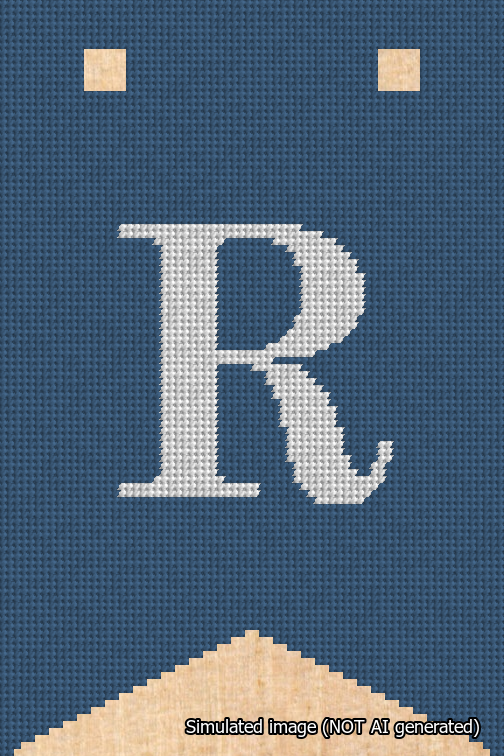 A simulated image of the stitched needlepoint design: Banner 18m Forked R White on Blue. Not A.I. generated.