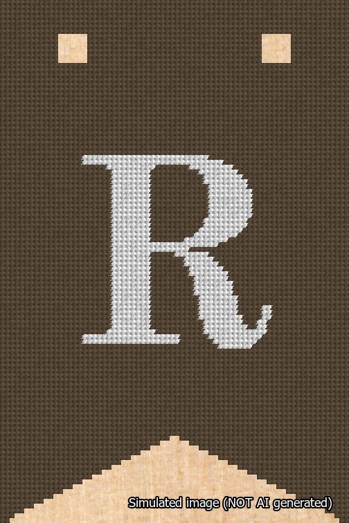 A simulated image of the stitched needlepoint design: Banner 18m Forked R White on Brown. Not A.I. generated.