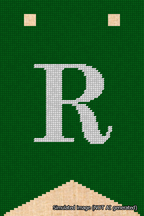 A simulated image of the stitched needlepoint design: Banner 18m Forked R White on Green. Not A.I. generated.