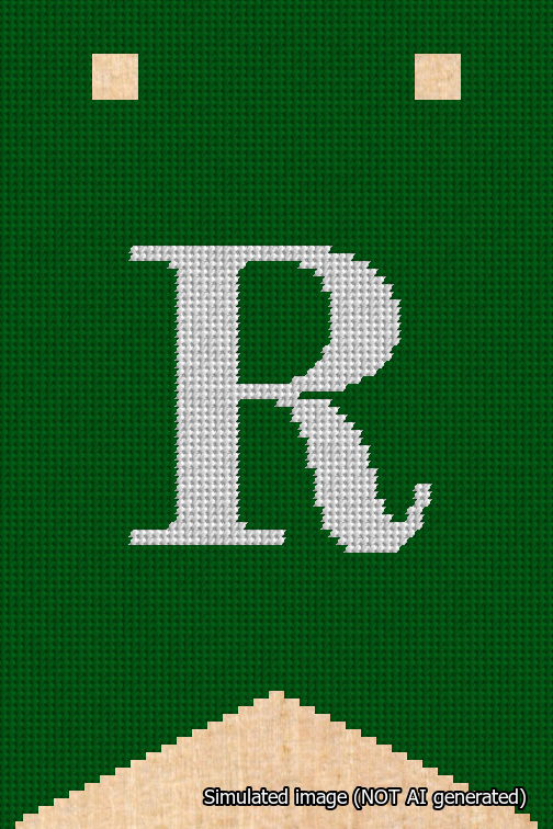 A simulated image of the stitched needlepoint design: Banner 18m Forked R White on Green. Not A.I. generated.