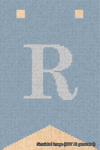 A simulated image of the stitched needlepoint design: Banner 18m Forked R White on Light Blue. Not A.I. generated.