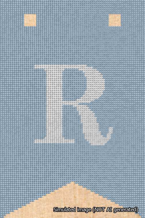 A simulated image of the stitched needlepoint design: Banner 18m Forked R White on Light Blue. Not A.I. generated.