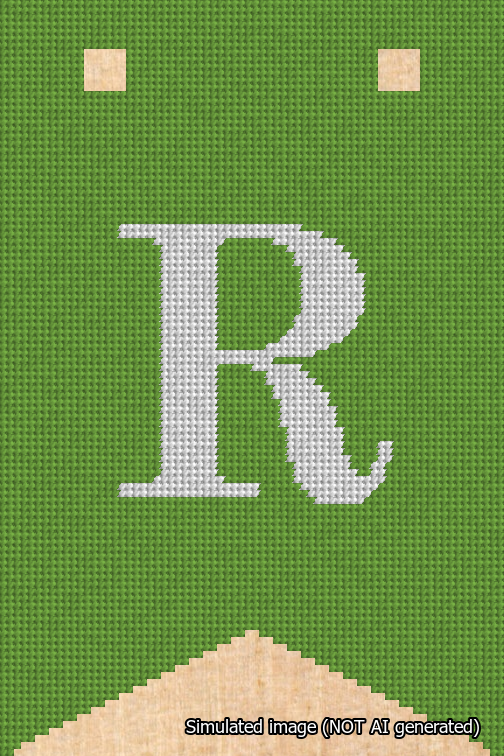 A simulated image of the stitched needlepoint design: Banner 18m Forked R White on Light Green. Not A.I. generated.